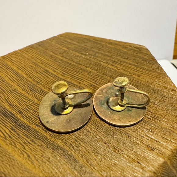 Vintage turquoise enamel on copper circular flat screwback earrings MCM atomic - Picture 8 of 10